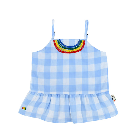 BABY BLUE CHECK PRINT EMBROIDERY RAINBOW VEST