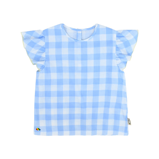 女童裝 - 藍色大方格格紋印花荷葉短袖上衣