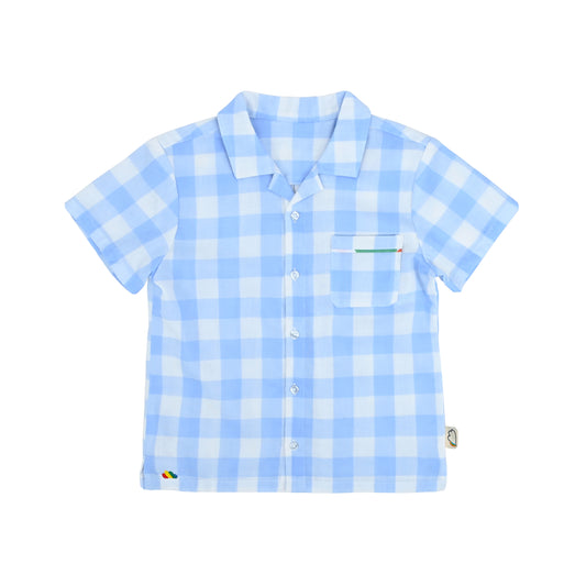 男童裝 - 藍色大方格格紋印花短袖恤衫