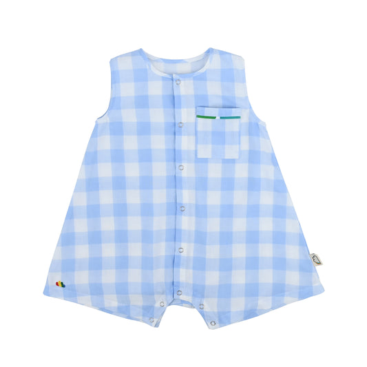 嬰兒服裝 -  藍色大方格格紋印花短袖胸前開扣連身衣