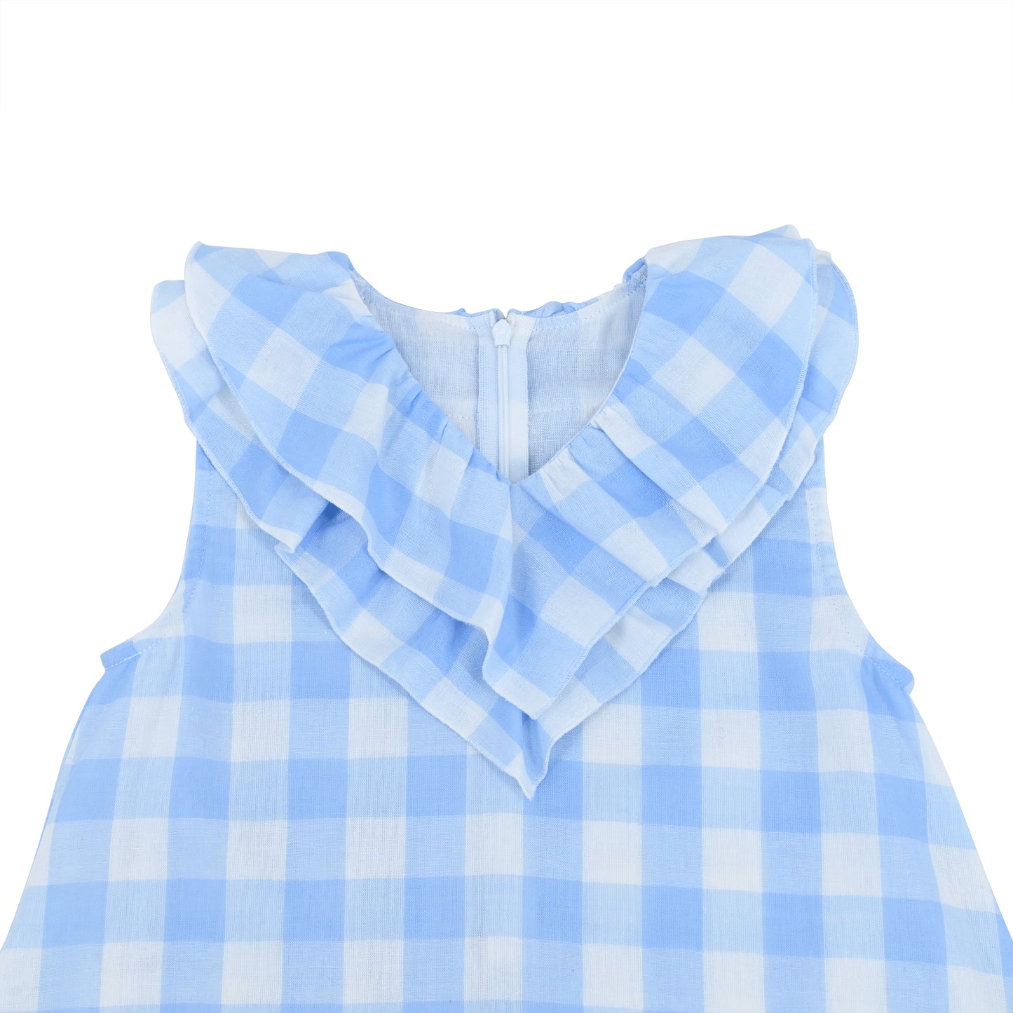 女童裝 - 藍色大方格格紋印花V領背心連衣裙