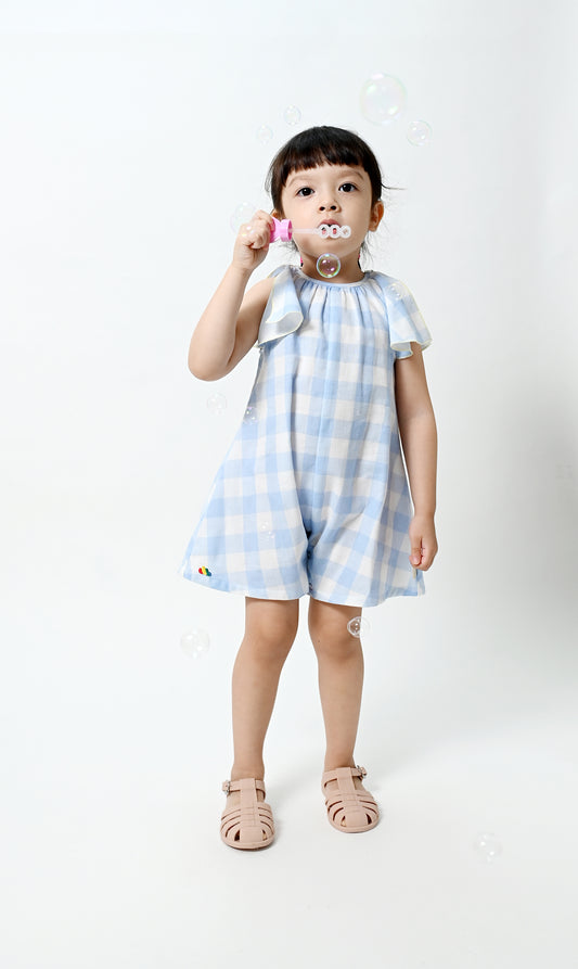 嬰兒衣服 - 藍色大方格格紋印花A字連身衣