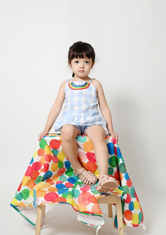 BABY BLUE CHECK PRINT EMBROIDERY RAINBOW VEST
