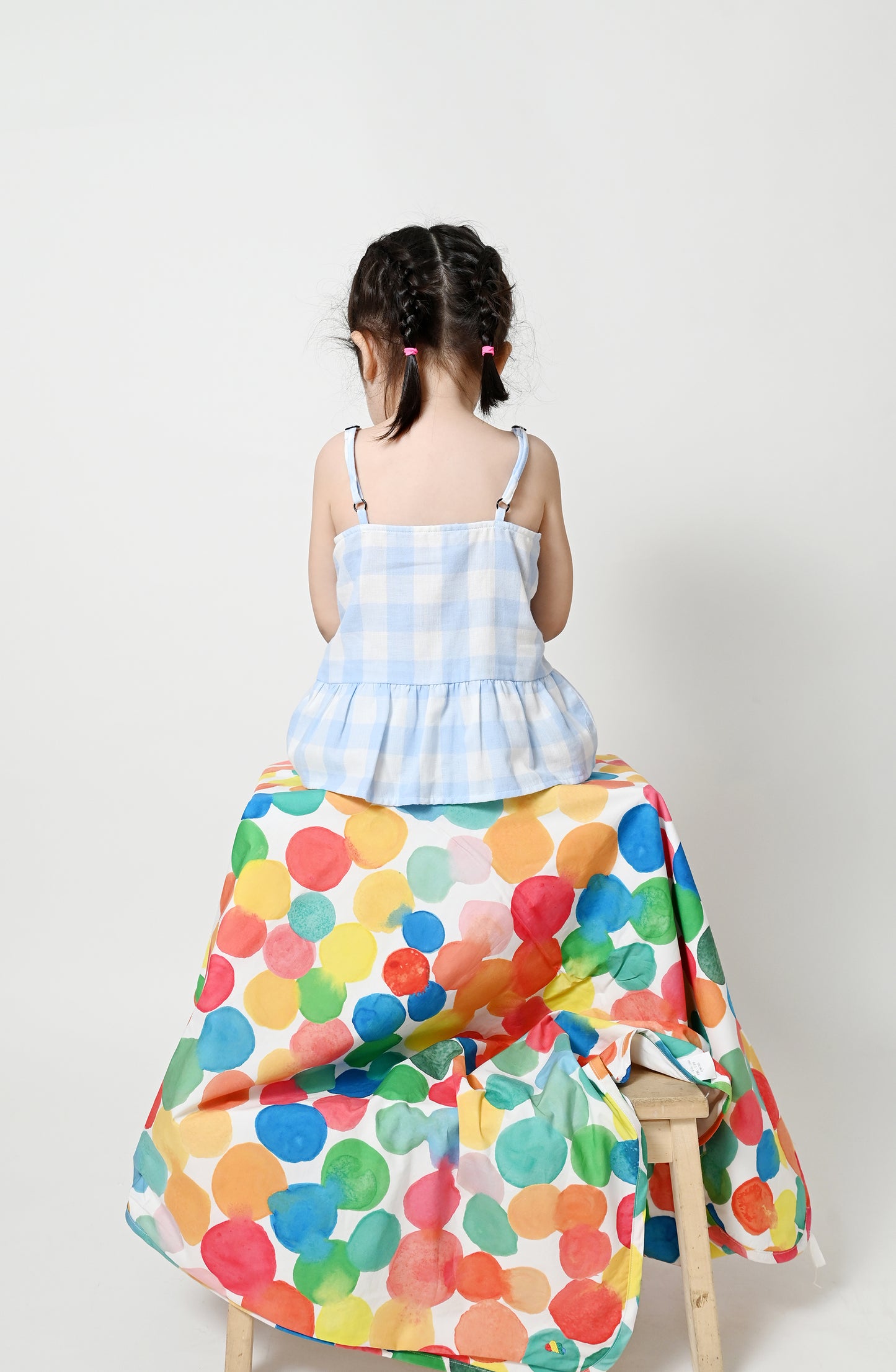嬰兒服裝 -  藍色大方格格紋印花彩虹刺繡吊帶背心
