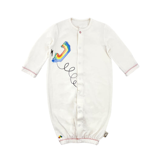 童裝BB衫有機棉 - 米白色彩虹電話聽筒印花鈕扣連身衣
