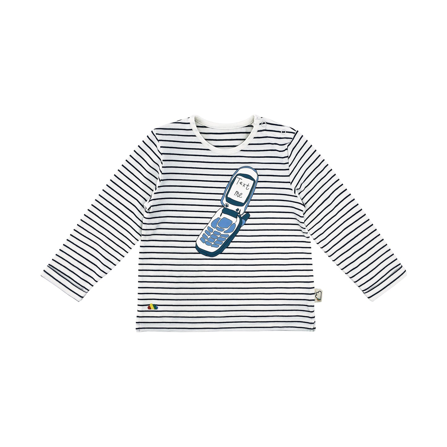 深蓝色横间电话印花长袖上衣