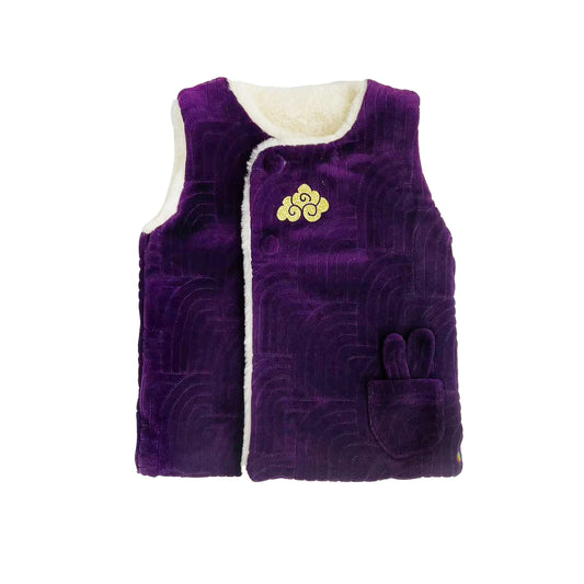 BABY PURPLE VELOUR GOLD LUCKY PRINT RABBIT FAUX FUR-LINED GILET
