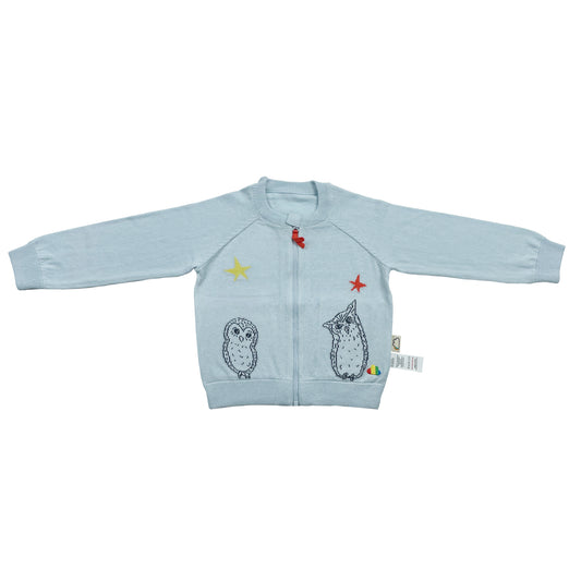 嬰兒服裝 - 嬰童粉藍色猫頭鷹圖案羊絨混棉拉鍊外套