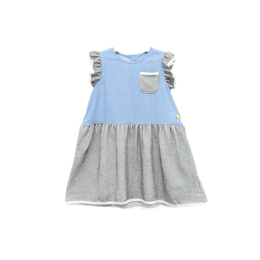 KIDS CONTRAST CHAMBRAY AND GREY KNIT DRESS