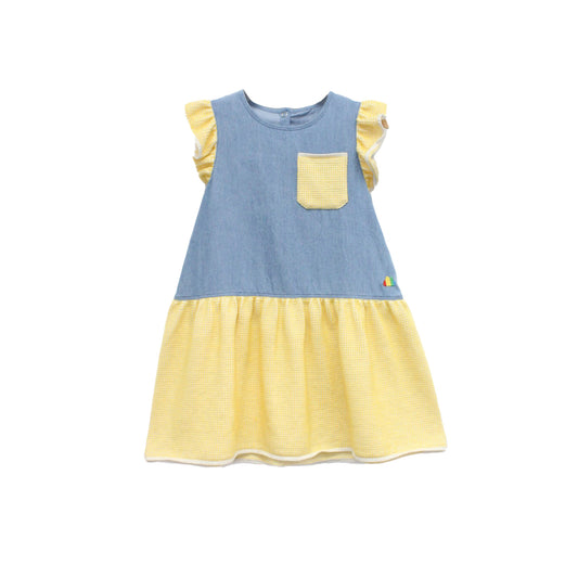 嬰兒服裝 - 軟身牛仔布拼黃色針織連身裙