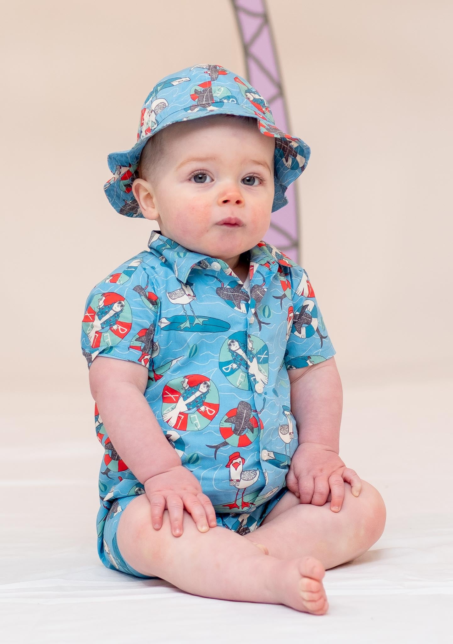 童裝有機棉配飾 - 海藍海鷗印花太陽帽