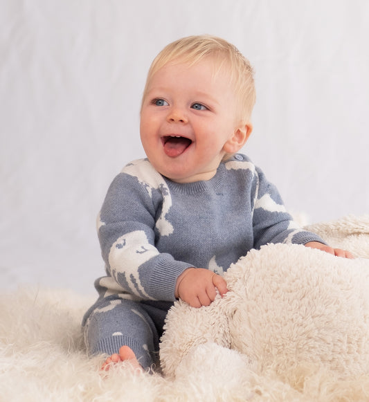嬰兒衣服 - 白兔圖案羊絨混棉長袖連體衣