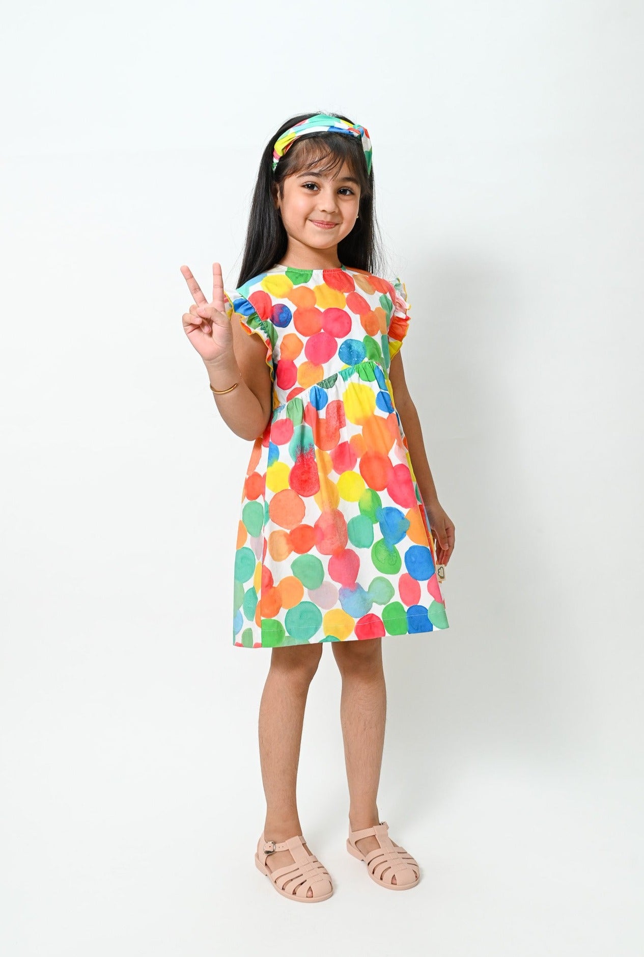女童裝有機棉-彩色波波印花A字型連衣裙