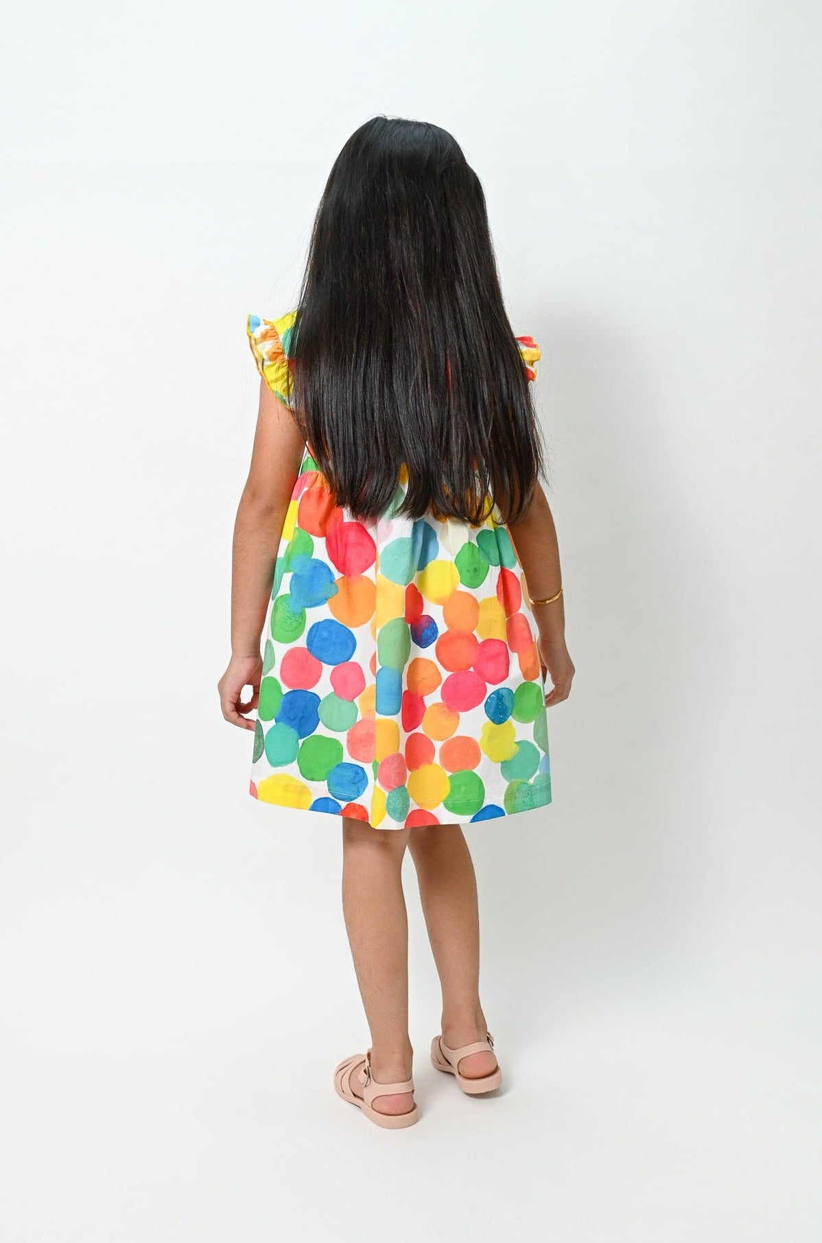 女童裝有機棉-彩色波波印花A字型連衣裙