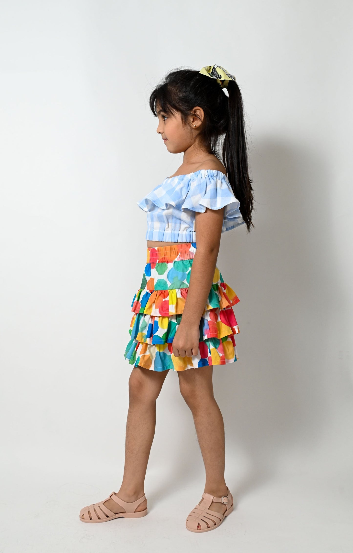女童裝有機棉-彩色波波印花荷葉邊半截裙