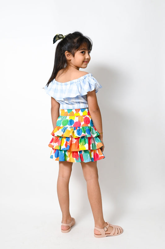 女童裝有機棉-彩色波波印花荷葉邊半截裙