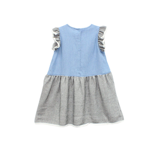 KIDS CONTRAST CHAMBRAY AND GREY KNIT DRESS