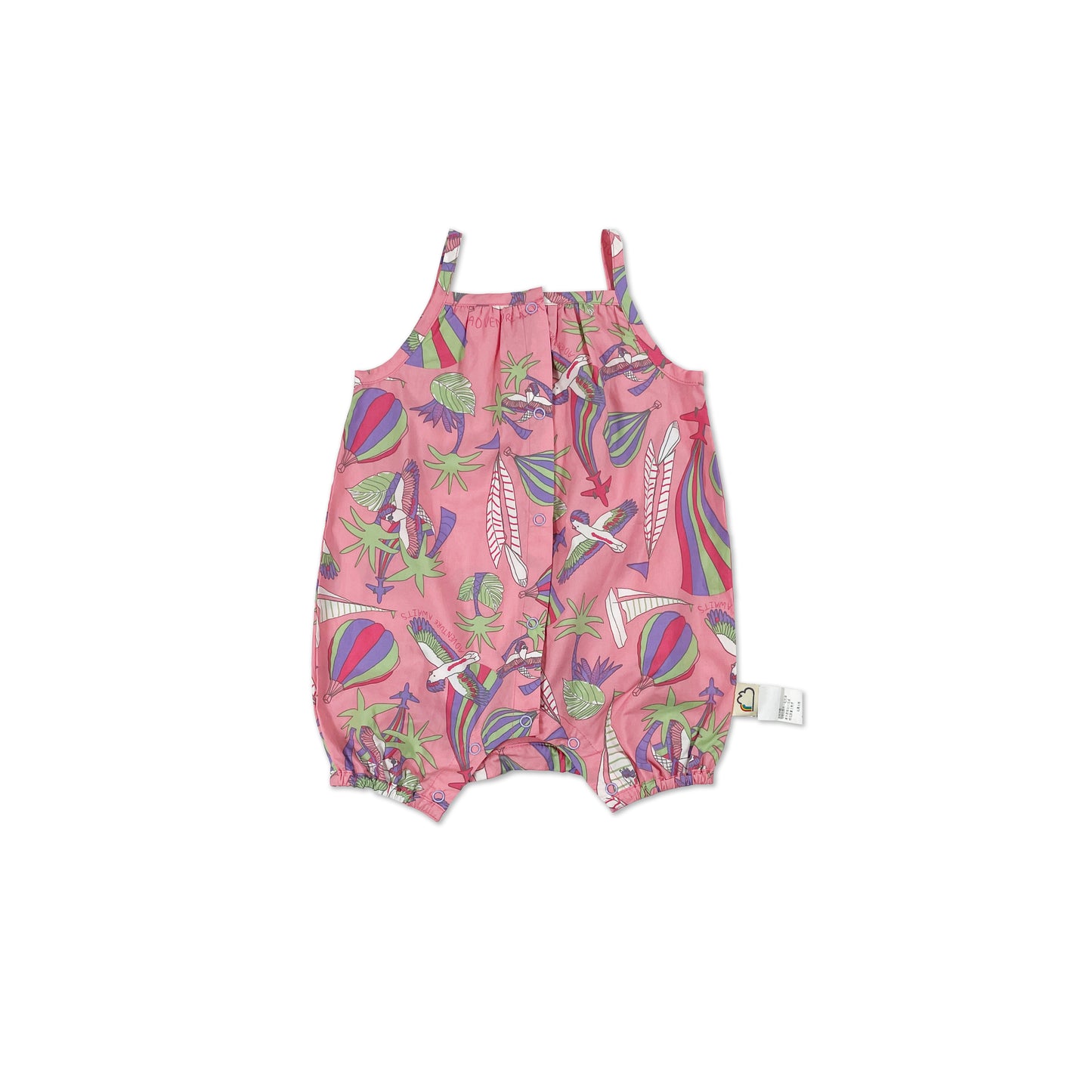 童裝BB衫有機棉 - 粉紅鸚鵡印花吊帶短褲連身衣