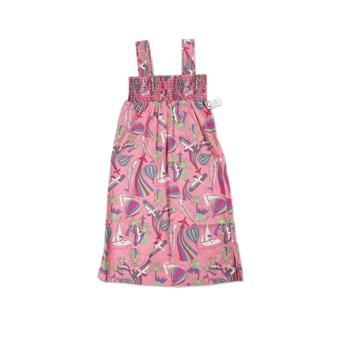 女童裝有機棉 - 粉紅鸚鵡印花粗帶A字連身裙