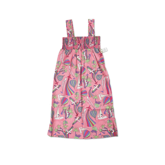 親子裝｜女童裝有機棉 - 粉紅鸚鵡印花粗帶A字連身裙