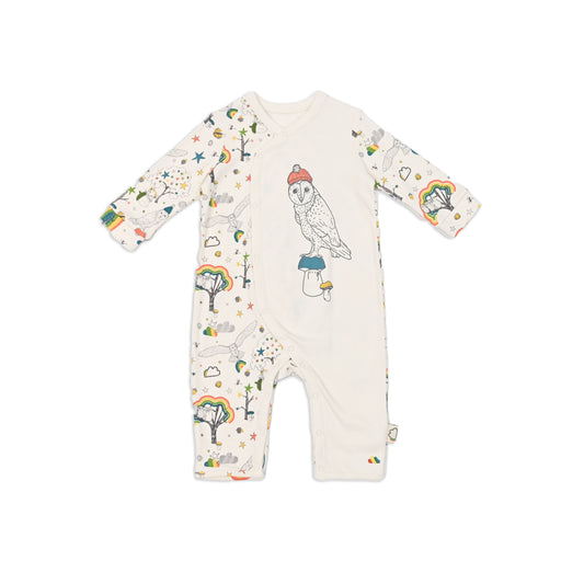 BABY OWL PRINT SIDE BUTTON PLAYSUIT