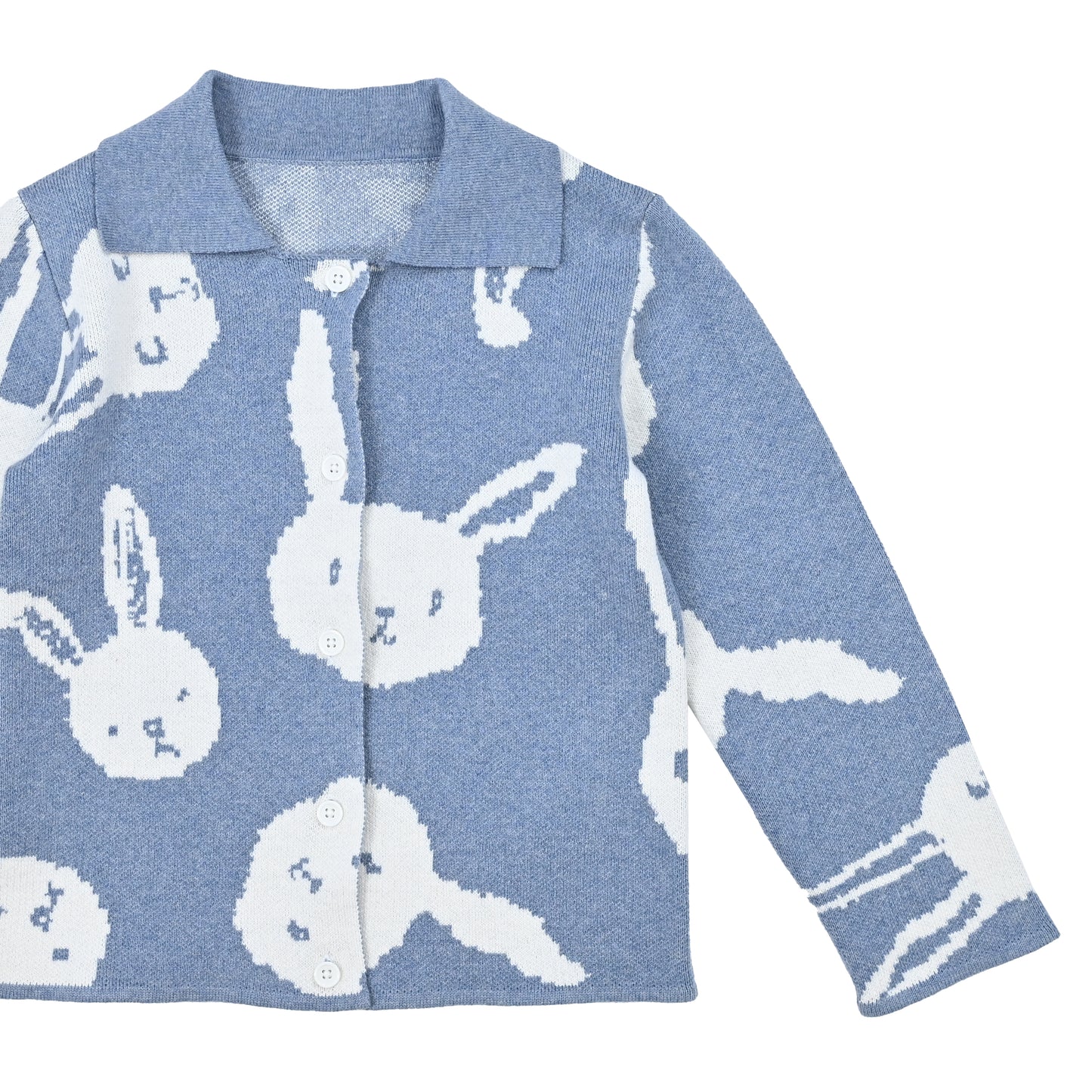 嬰兒服裝 - 嬰童粉藍色白兔圖案POLO領羊絨混棉長袖外套