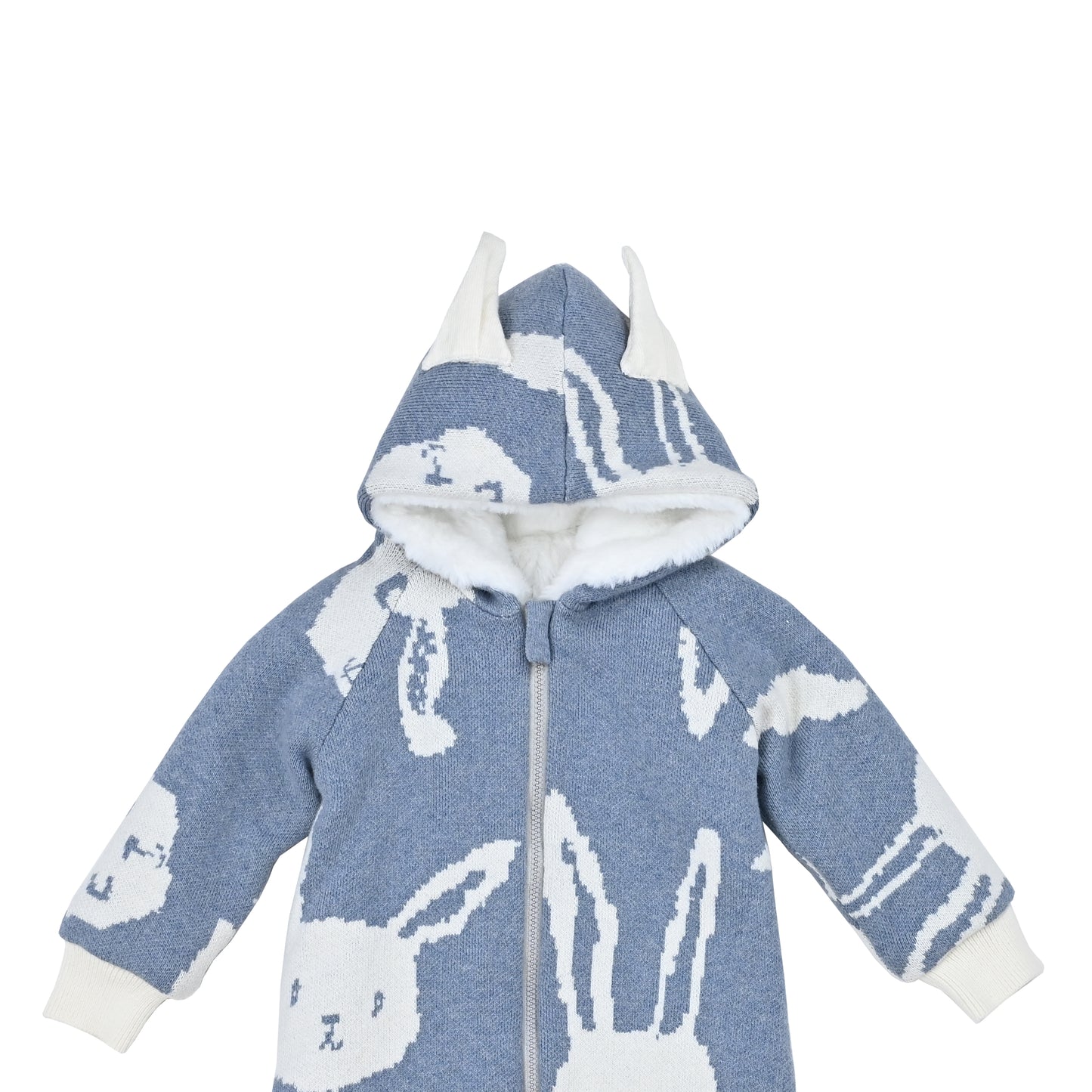 嬰兒衣服 - 白兔圖案毛毛長袖拉鍊連體衣