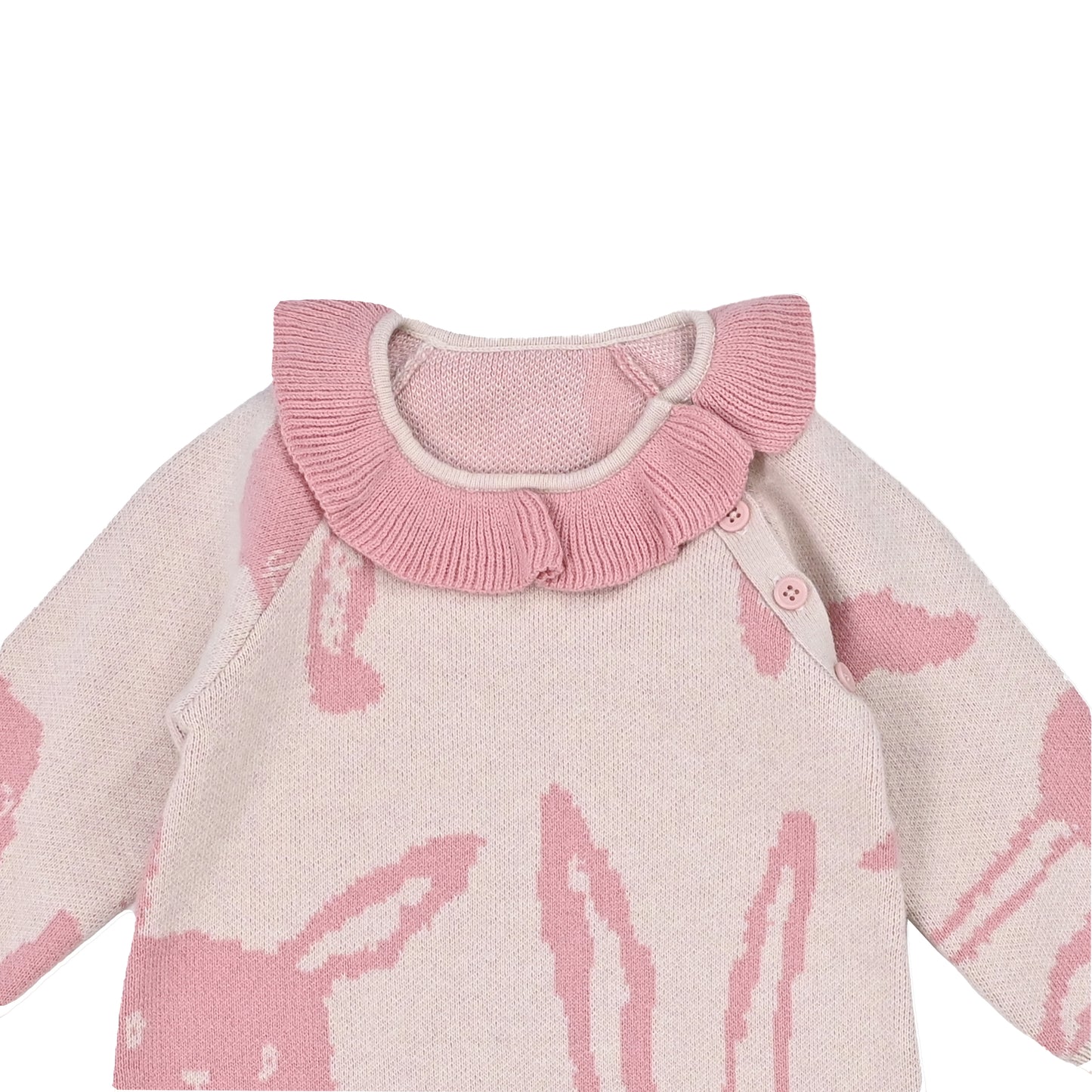 嬰兒衣服 - 白兔圖案荷葉領羊絨混棉長袖連體衣