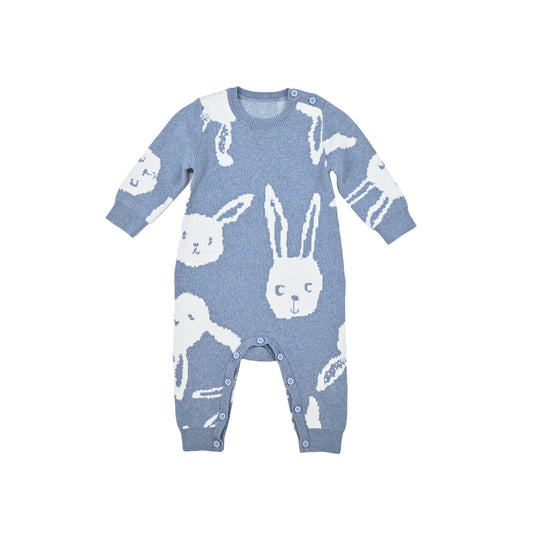 嬰兒衣服 - 白兔圖案羊絨混棉長袖連體衣