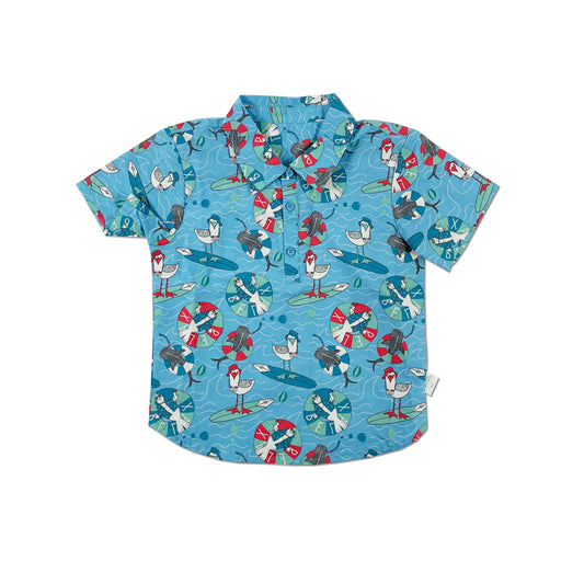 親子裝｜男童裝有機棉 - 海藍海鷗印花過頭笠短袖恤衫