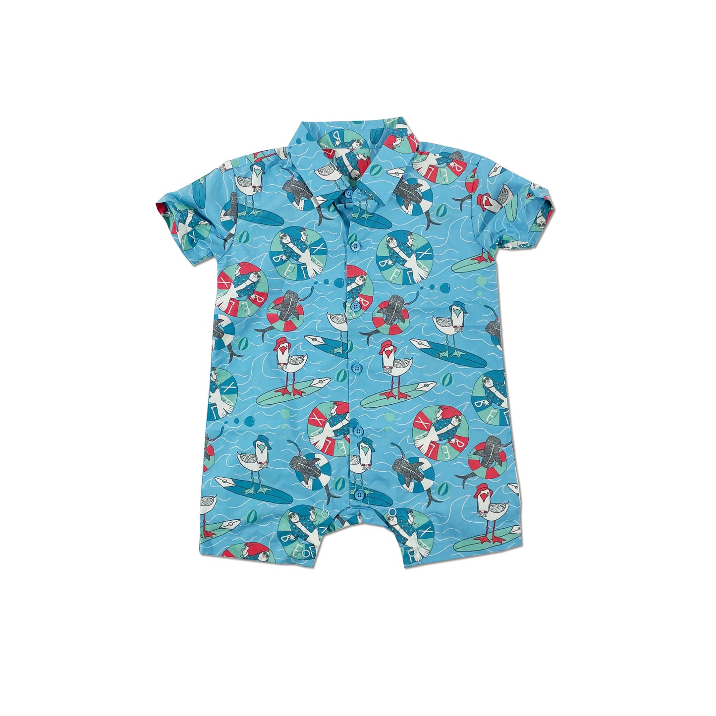 童裝BB衫有機棉 - 海藍海鷗印花短袖裇衫型連身衣